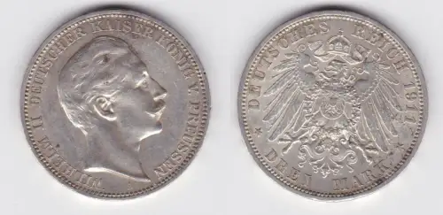 3 Mark Silbermünze Preussen Kaiser Wilhelm II 1911 A Jäger 103 ss (155743)