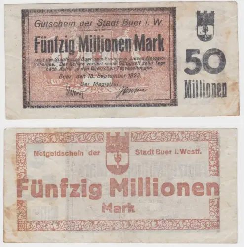 50 Millionen Mark Banknote Inflation Stadt Buer i.W.  18.9.1923 (141812)
