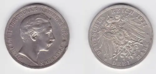3 Mark Silbermünze Preussen Kaiser Wilhelm II 1911 A Jäger 103 ss (150186)