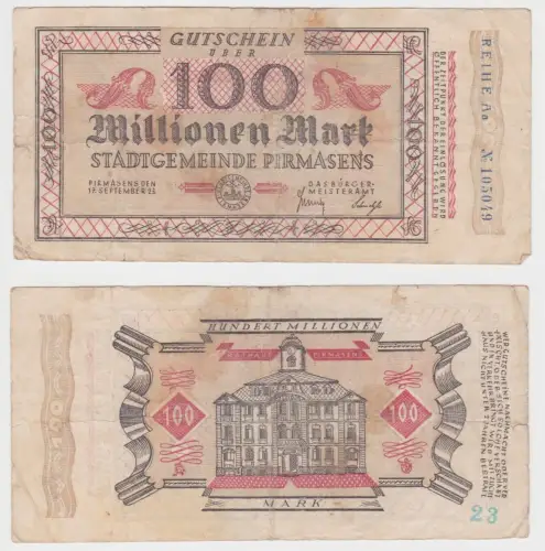 100 Millionen Mark Banknote Notgeld Stadtgemeinde Pirmasens 17.9.1923 (146437)