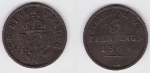 3 Pfennige Bronze Münze Preussen 1868 A ss (150187)
