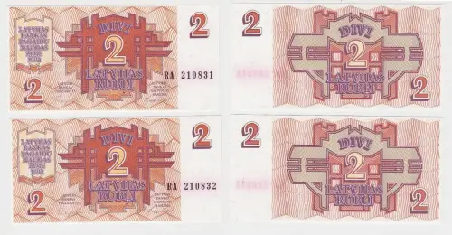2 x 2 Rubel Banknote Lettland Latvijas 1992 kassenfrisch UNC (150257)