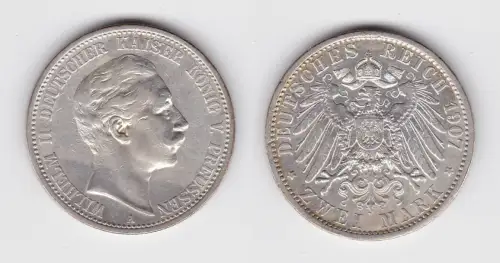 2 Mark Silbermünze Preussen Kaiser Wilhelm II 1907 Jäger 102 vz (142127)