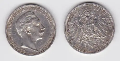 3 Mark Silbermünze Preussen Kaiser Wilhelm II 1910 A Jäger 103 ss (150661)