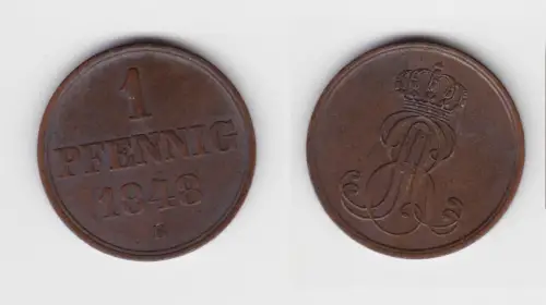 1 Pfennig Kupfer Münze Hannover 1848 B ss+ (151358)