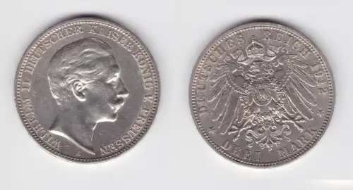 3 Mark Silbermünze Preussen Kaiser Wilhelm II 1912 Jäger 103 ss+ (151303)