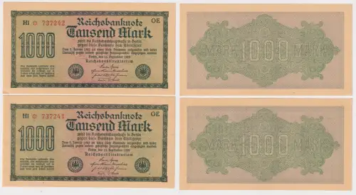 2 x 1000 Mark Banknote Berlin 1923 Ro. 73 fortlaufende Seriennummer (106835)