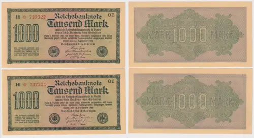 2 x 1000 Mark Banknote Berlin 1923 Ro. 73 fortlaufende Seriennummer (105547)
