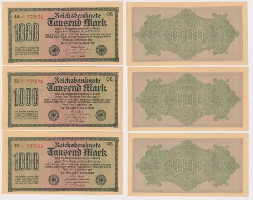 3 x 1000 Mark Banknote Berlin 1923 Ro. 73 fortlaufende Seriennummer (109519)
