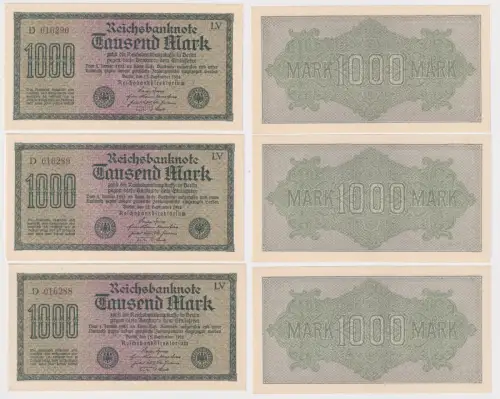 3 x 1000 Mark Banknote Berlin 1923 Ro. 73 fortlaufende Seriennummer (107566)