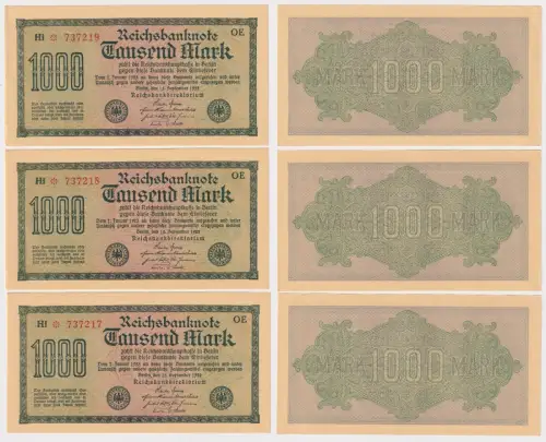 3 x 1000 Mark Banknote Berlin 1923 Ro. 73 fortlaufende Seriennummer (104507)
