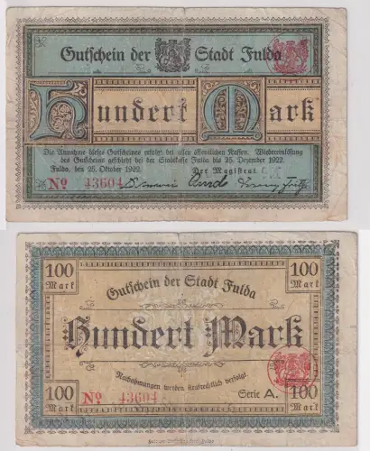 100 Mark Banknote Stadtkasse in Fulda 25.Oktober 1922 (127848)