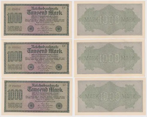 3 x 1000 Mark Banknote Berlin 1923 Ro. 73 fortlaufende Seriennummer (106784)