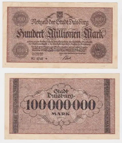100 Millionen Mark Banknote Stadt Duisburg 25.September 1923 (130116)