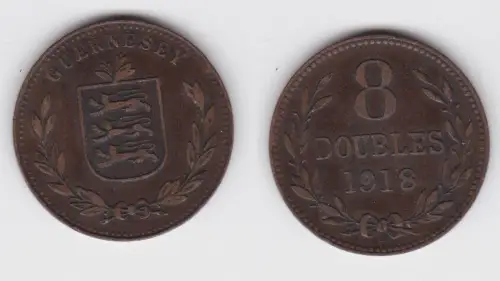 8 Doubles Kupfer Münze Guernsey 1918 f.vz (124540)