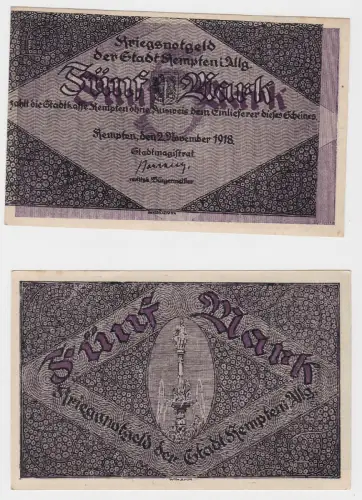 5 Mark Banknote Kriegsnotgeld Stadt Kempten 1.11.1918 Fehldruck (130526)