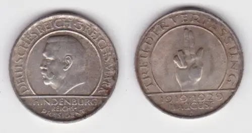 3 Mark Silber Münze Weimarer Republik Treu der Verfassung 1929 D ss+ (141931)