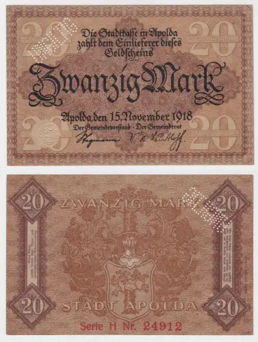20 Mark Banknote Notgeld Stadtkasse Apolda 15.11.1918 (130794)