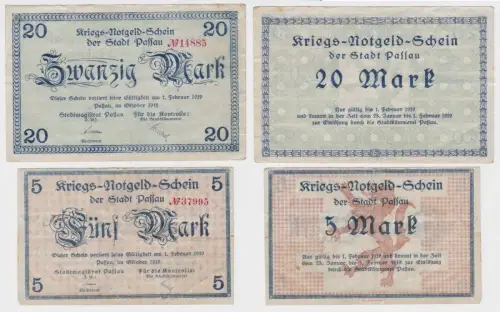 5 und 20 Mark Banknoten Kriegsgeld Stadt Passau Oktober 1918 (119135)