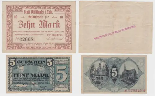 5 & 10 Mark Banknoten Notgeld Stadt Mühlhausen in Thüringen 1918 (115095)