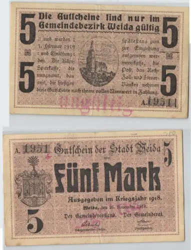 5 Mark Banknote Notgeld Stadt Weida  25.November 1918 (129618)