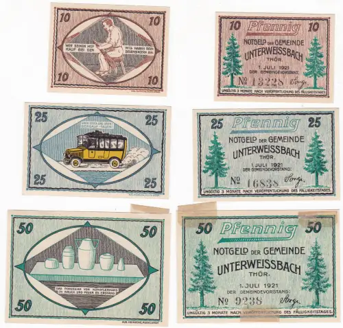 3 Banknoten Notgeld Gemeinde Unterweisbach 1.Juli 1921 (129903)