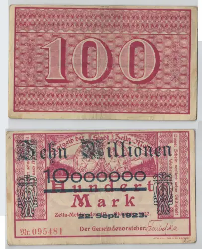 10 Millionen Mark Banknote Stadt Zella Mehlis 22.9.1923 (129801)