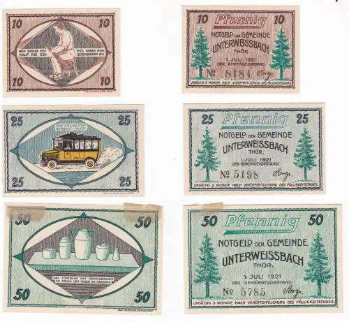 3 Banknoten Notgeld Gemeinde Unterweisbach 1.Juli 1921 (129852)
