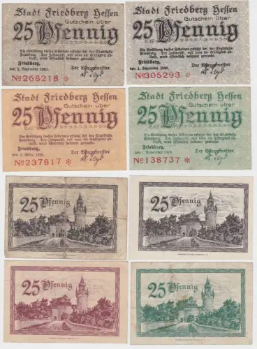 4 x 25 Pfennig Banknoten Notgeld Stadt Friedberg 1919/1920 (140042)