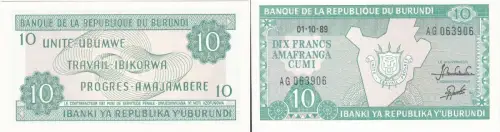 10 Francs Banknote Burundi 1989 bankfrisch UNC (129776)