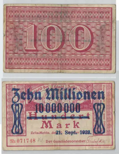 10 Millionen Mark Banknote Stadt Zella Mehlis 21.9.1923 (129228)