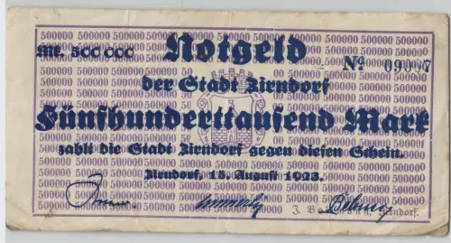 500000 Mark Banknote Inflation Stadt Zirndorf 15.08.1923 (129282)