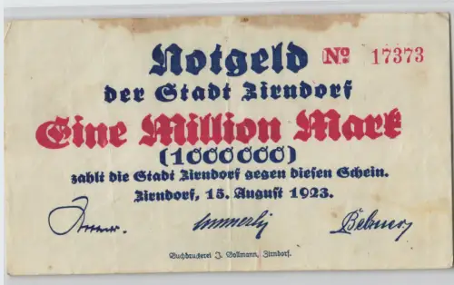 1 Million Mark Banknote Inflation Stadt Zirndorf 15.08.1923 (129617)