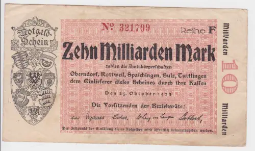 10 Mrd. Mark Inflation Banknote Stadtgemeinde Oberndorf usw. 25.10.1923 (129426)