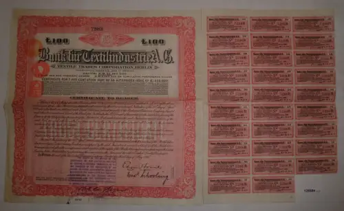 100 Pfund Aktie Bank für Textilindustrie AG Berlin 3. Mai 1926 (126884)