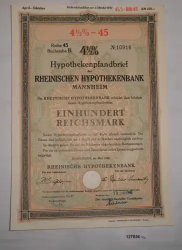 100 Reichsmark Pfandbrief Rheinische Hypothekenbank Mannheim Mai 1940 (127836)