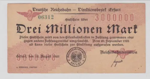 3 Millionen Mark Banknote Reichsbahndirektion Erfurt 20.September 1923 (137916)