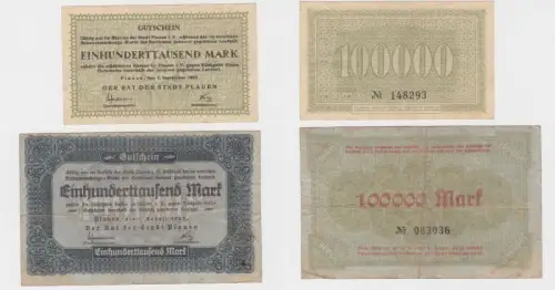 2 x 100000 Mark Banknoten Inflation Stadt Plauen 1.8./7.9.1923 (135183)