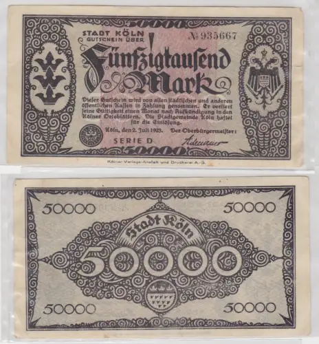 50000 Mark Banknote Notgeldschein Köln 2. Juli 1923 Serie D (135632)