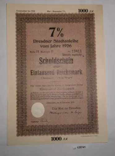 1000 Reichsmark Schuldschein Dresdner Stadtanleihe 15. Dezember 1926 (125741)