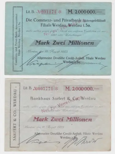 2 x 2 Millionen Mark Banknote Inflation Commerzbank Werdau 10.08.1923 (136171)