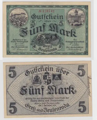 5 Mark Banknote Großnotgeld Städte Greiz und Zeulenroda 1.11.1918 (135621)
