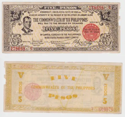 5 Pesos Banknote Philippinen Notfall Note 1942 Pick S648 (151663)