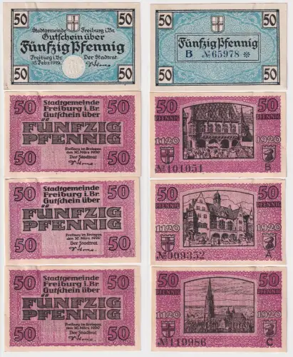 4 Banknoten Notgeld der Stadtgemeinde Freiburg im Breisgau 1920 (156882)