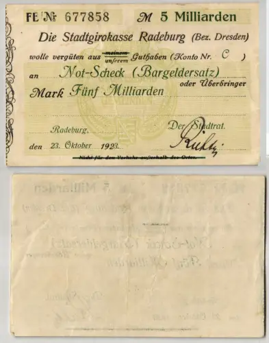 5 Milliarden Mark Banknote Girokasse Radeburg 23.Oktober 1923 (102655)