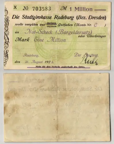 1 Million Mark Banknote Girokasse Radeburg 21.August 1923 (105530)