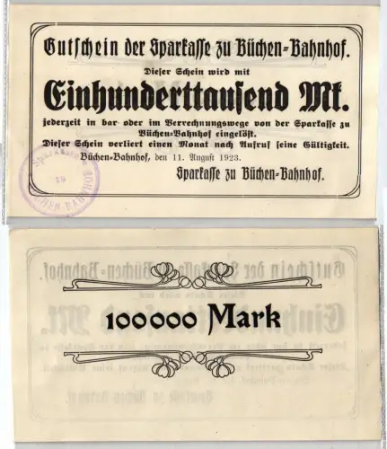 100000 Mark Banknote Sparkasse zu Büchen Bahnhof 11.08.1923 (123012)