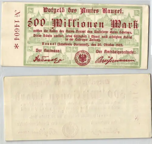 500 Millionen Mark Banknote Inflation Amt Rauxel 20.10.1923 (120319)