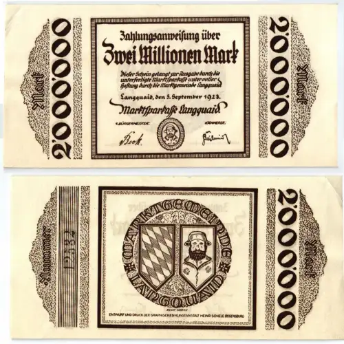 2 Millionen Mark Banknote Inflation Marktsparkasse Langquaid 5.9.1923 (120767)