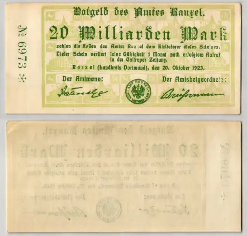 20 Milliarden Mark Banknote Inflation Amt Rauxel 20.10.1923 (123332)
